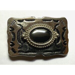 Southwestern Style Belt Buckle Obsidian Cabochon Silver Tone Overlay Hearts